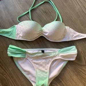 Green and white rhinestone bikini set